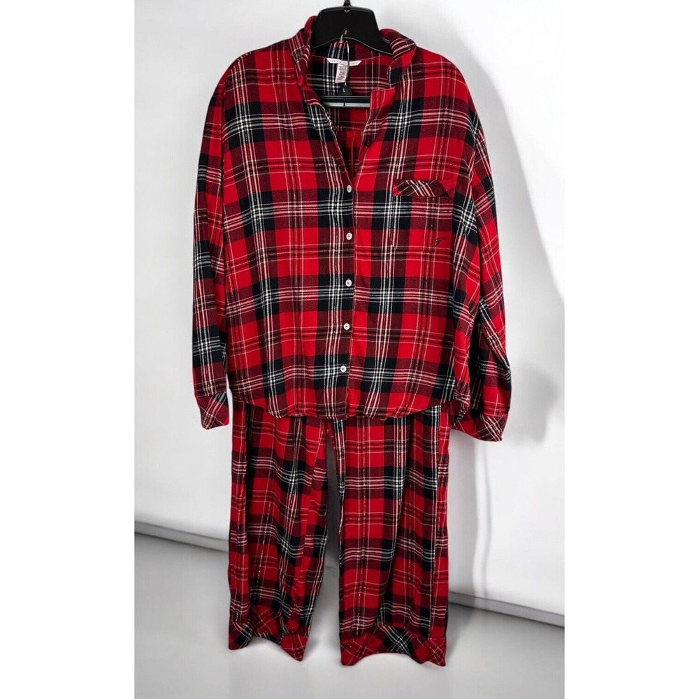 Victoria's Secret Flannel LS Shirt Pants Plaid Pajama Set Large Pjs Xmas Holiday - Picture 2 of 16